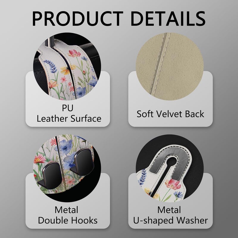 Blusabaca 2PCS Car Seat Back Storage Headrest Hooks, Floral Flowers Purse Holder Bags Hanger, PU Leather Double Metal Hook for Backseat Organizer, Women Car Accessories Organization - Image 4